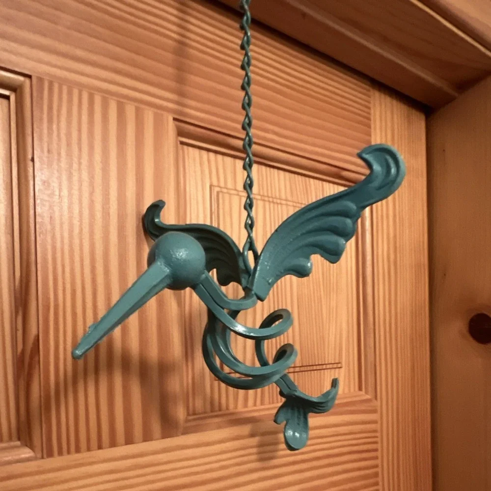 Turquoise Metal Hanging Hummingbird  Yard Art Single Hook w/ Twisted Chain